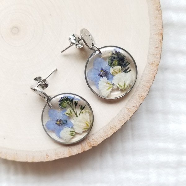Real pressed forget me not flowers representing true love make these earrings the perfect bridal shower gift.