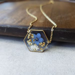 Forget-Me-Not Dried Floral Hexagon Necklace