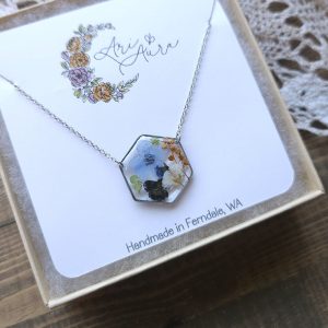 Forget-Me-Not Floral Silver Hexagon Necklace